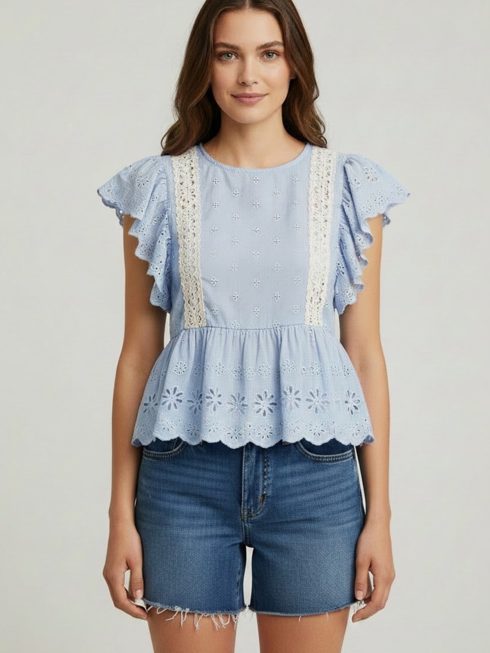 3/$25 Bb Dakota by Steve Madden Blue White Coquette Baby Doll Top Size Small
